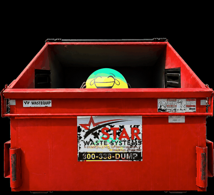 Dumpster Dive King popping out of a red dumpster